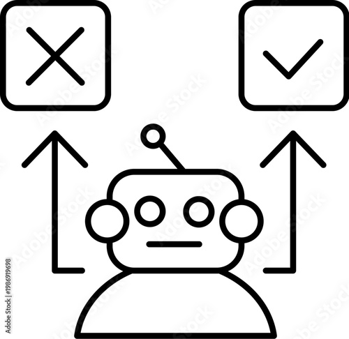 Editable robot decision making illustration with checkmark and cross icons, conceptual graphic design