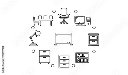 Minimal office workspace icon collection with furniture desk chair computer and cabinet in modern outline style vector