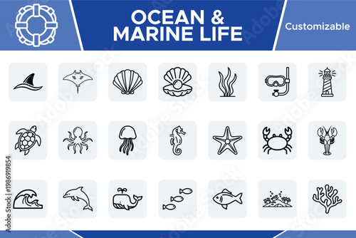 Ocean & Marine Life, 20 customizable line icons, sea creatures and nautical elements vector set, underwater world graphic resources for web and print design.
