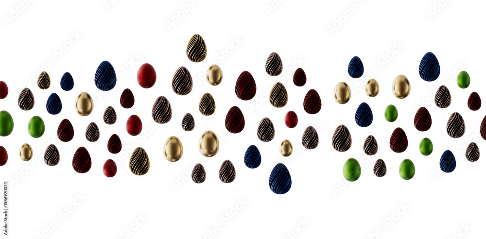 Fototapeta premium Artistic collection of colorful Easter eggs in various sizes on a white background, representing Easter, holiday, celebr