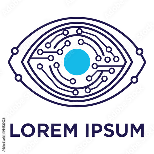 Eye with circuit board design and blue iris and Lorem Ipsum text on white background icon