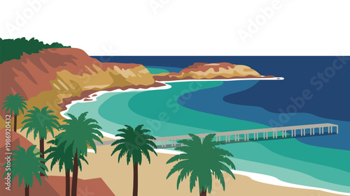 A serene beach scene with palm trees and a pier extending into the calm ocean waters