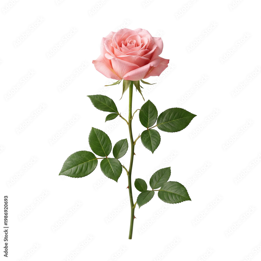 Obraz premium Single blooming pink rose with green leaves isolated on transparent background