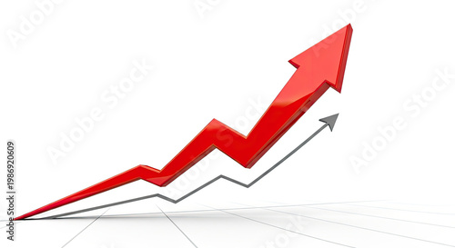 Red arrow pointing sharply upward indicating strong positive growth rendered in 3D on a grid surface against white backdrop