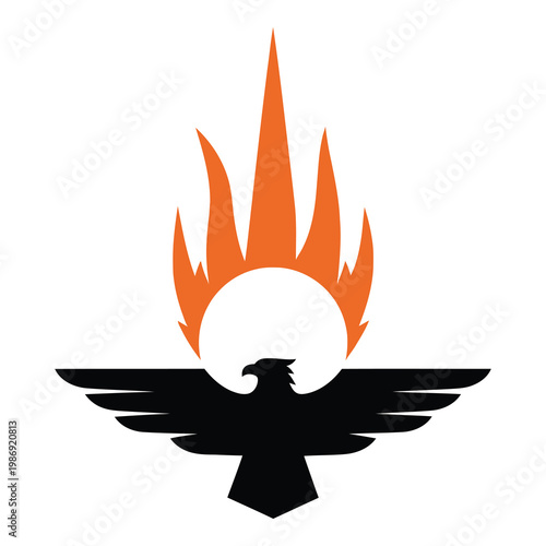 Graphic illustration of a bird with outstretched wings and fire flames  symbol icon