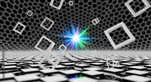 Abstract honeycomb network with central energy burst and floating square frames for technology background and scientific presentation