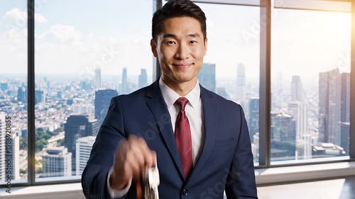 Keys to success in the city: A confident individual, poised in a high-rise office, presents keys against a stunning cityscape.