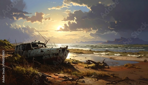 A rusty old boat on a deserted beach at sunset