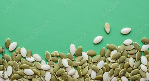 Raw pumpkin seeds and green kernels scattered on vibrant textured green surface.