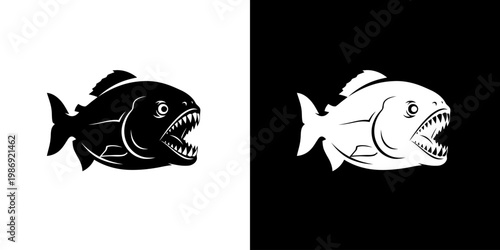 Piranha Fish Logo Graphic with Open Mouth in Black and White Style