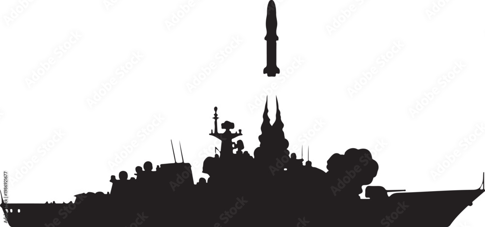 Obraz premium Warship, naval vessel, military ship, destroyer silhouette, missile launch