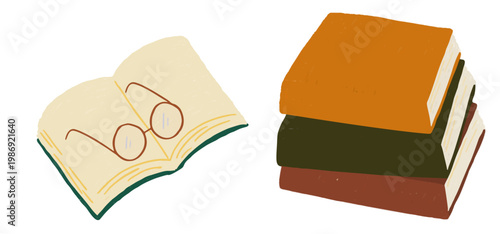 Hand-drawn stack of books and an open book with reading glasses. Cozy reading and studying vector illustration clip art.