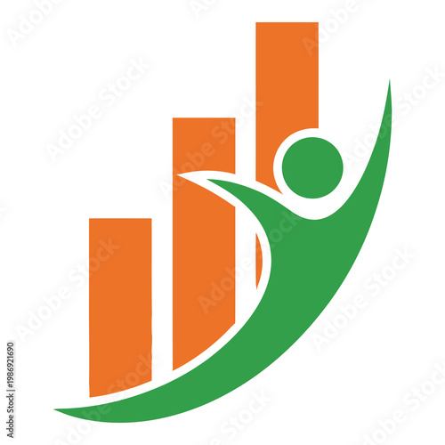 Green human figure rejoicing in front of rising orange business chart graph icon