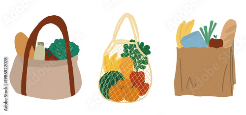 Hand-drawn set of reusable grocery bags filled with fresh food, fruit, and vegetables. Eco-friendly shopping vector illustration clip art.