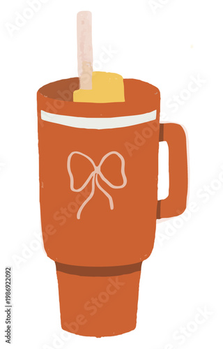 Hand-drawn cute insulated tumbler cup with straw and bow detail. Reusable water bottle vector illustration clip art.