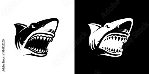 Shark Head Logo Mascot with Aggressive Jaws in Minimalist Vector Style