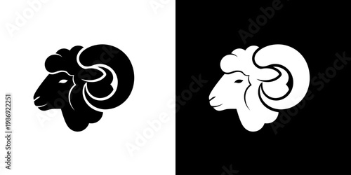 Sheep Head Logo Icon with Soft Rounded Horns in Black and White Styles