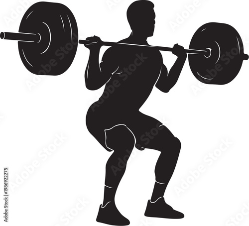 Black silhouette fitness illustration, weightlifter exercising, gym workout vector, athletic squat