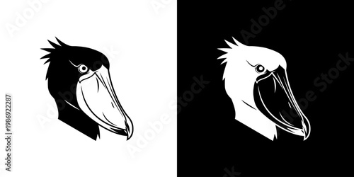 Shoebill Stork Head Logo Design in Black and White Silhouette Vector