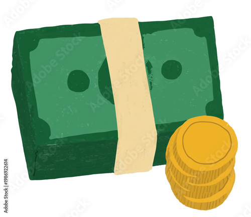 Hand-drawn stack of paper money bills and gold coins. Finance and wealth vector illustration clip art.