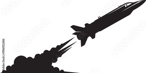 Black rocket missile launch, silhouette blast off, space exploration icon, vector graphic