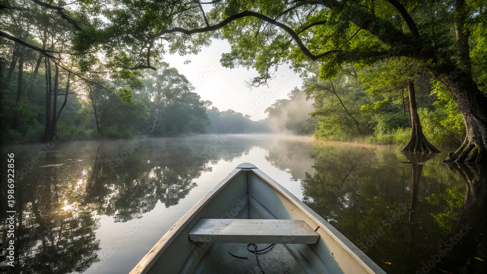 Fototapeta premium Boat gliding through a river surrounded by trees and mist in early morning light