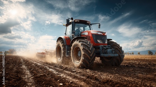 farm scene with a modern red tractor on prepared soil ready for crops under a sunny blue sky, clean and productive agricultural landscape 