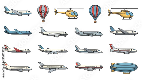 Various vector 2D CAD aircraft and airships in flight formations