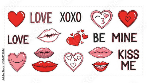 A vector 2D CAD illustration of various heart and lips designs with love words