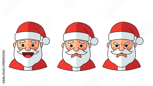 Three vector 2D CAD cartoon Santa faces with different expressions