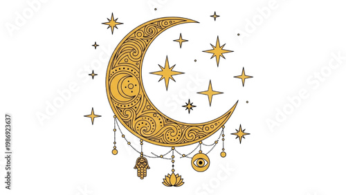 Golden crescent moon with stars and celestial ornaments vector 2D CAD