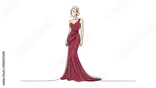 A woman in a red dress is standing in a vector 2D CAD illustration.