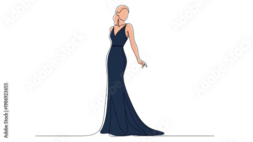 Vector 2D CAD illustration of woman wearing elegant long dress standing alone