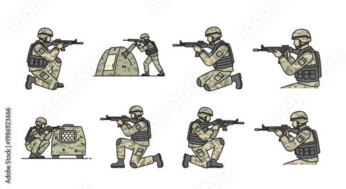 Military soldiers in camouflage aiming rifles in tactical poses