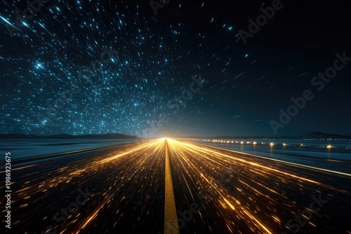 A luminous, vibrant abstract depicts speed and motion. Streaks of light converge on a central vanishing point. A dark, starry sky surrounds
