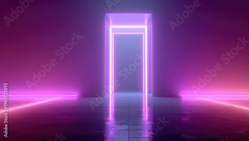 A luminous, vibrant pink and purple portal glows within a dark, tiled room. Linear light beams highlight the entrance and floor, creating a futuristic effect