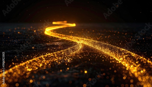 A luminous, winding, golden path of light, seemingly traversing a dark, textured plane with scattered glowing particles