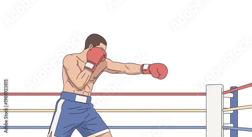 Male Boxer Athlete Punching in Boxing Ring Illustration
