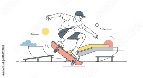 Skateboarder Performing Jump Trick at Skatepark Line Art Illustration