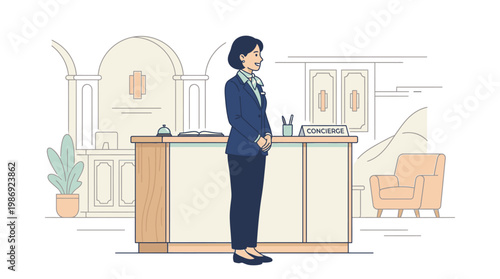 Hotel Concierge Standing at Reception Desk Illustration