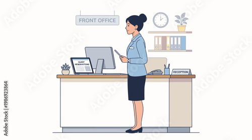 Female Hotel Receptionist Standing at Front Office Desk Vector