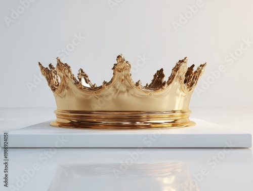 A lustrous golden coronet is poised atop a pristine white pedestal against a softly lit backdrop. The regal artifact gleams