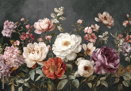A lush illustration showcases various floral arrangements, roses, peonies, and other blossoms, against a dark, moody background