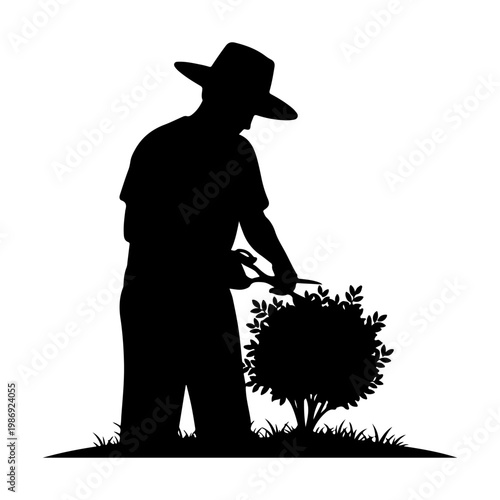 Gardener Silhouette Pruning Bush in Flat Design Vector Illustration