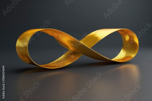 A lustrous golden infinity symbol, crafted from a metallic ribbon, floats against a dark grey gradient background, casting subtle shadows