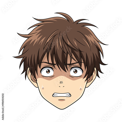 Anime style illustration of a young mans face with a shocked expression.