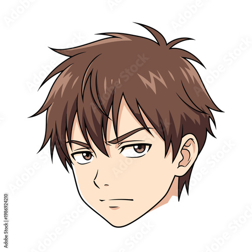Anime style illustration of a young mans face with brown hair.