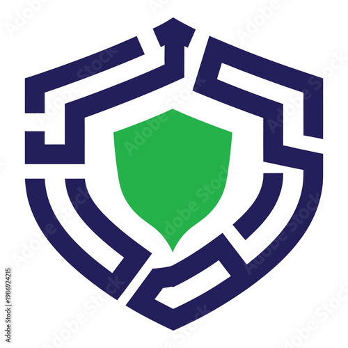 Shield logo with blue maze design and green center symbol icon