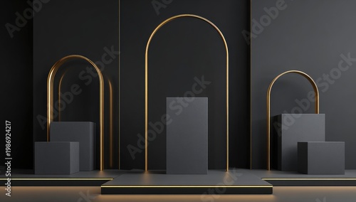 A luxurious abstract design showcasing three display pedestals against a dark backdrop with golden arched frames
