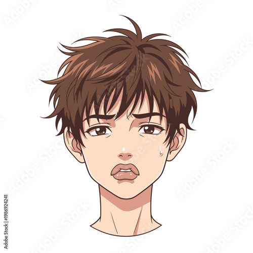 Anime style illustration of a young mans face with messy brown hair and a worried expression.